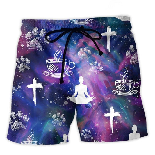 Coffee Jesus Dog Paw Yoga Beach Shorts Artwork Detail For Comfortable Everyday Summer Wear