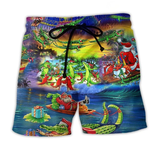 Santa Riding Alligator Christmas Beach Shorts Pattern View For Coastal Holidays And Casual Activities