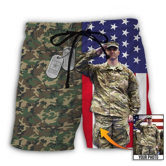 Military Tropical Flag Personalized Photo Beach Shorts Pattern Detail For Relaxed Warm Weather Outfits