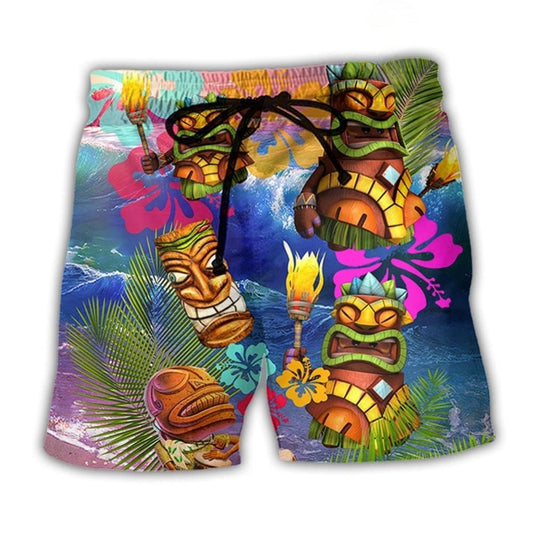 Tiki Aloha Happy Tropical Flower Beach Shorts Design View For Poolside Relaxation And Holiday Trips