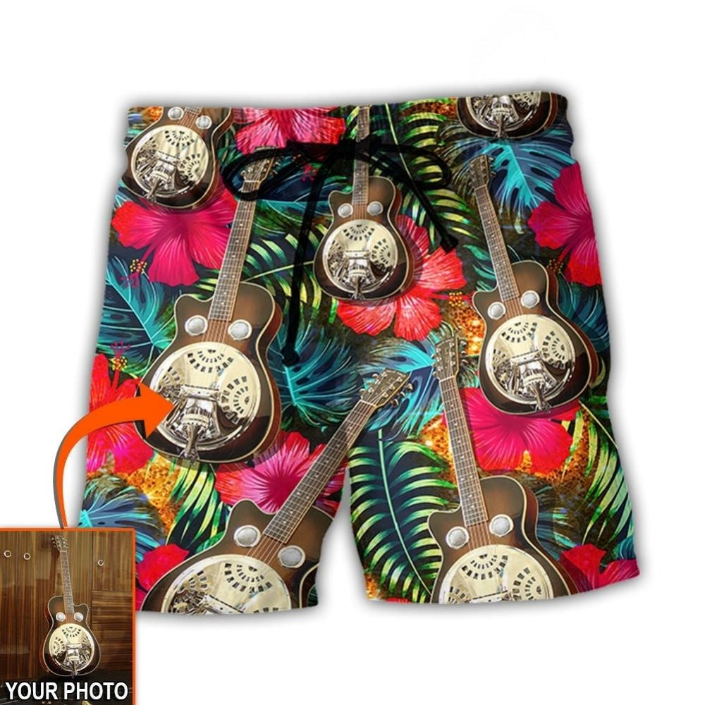 Guitar Various Style Tropical Floral Personalized Photo Beach Shorts Design View For Summer Events And Coastal Getaways