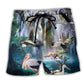 Stork Dreamy Waterfall Bird Beach Shorts Artwork Detail For Tropical Travel And Everyday Wear