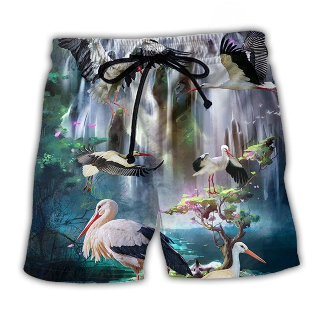 Stork Dreamy Waterfall Bird Beach Shorts Artwork Detail For Tropical Travel And Everyday Wear