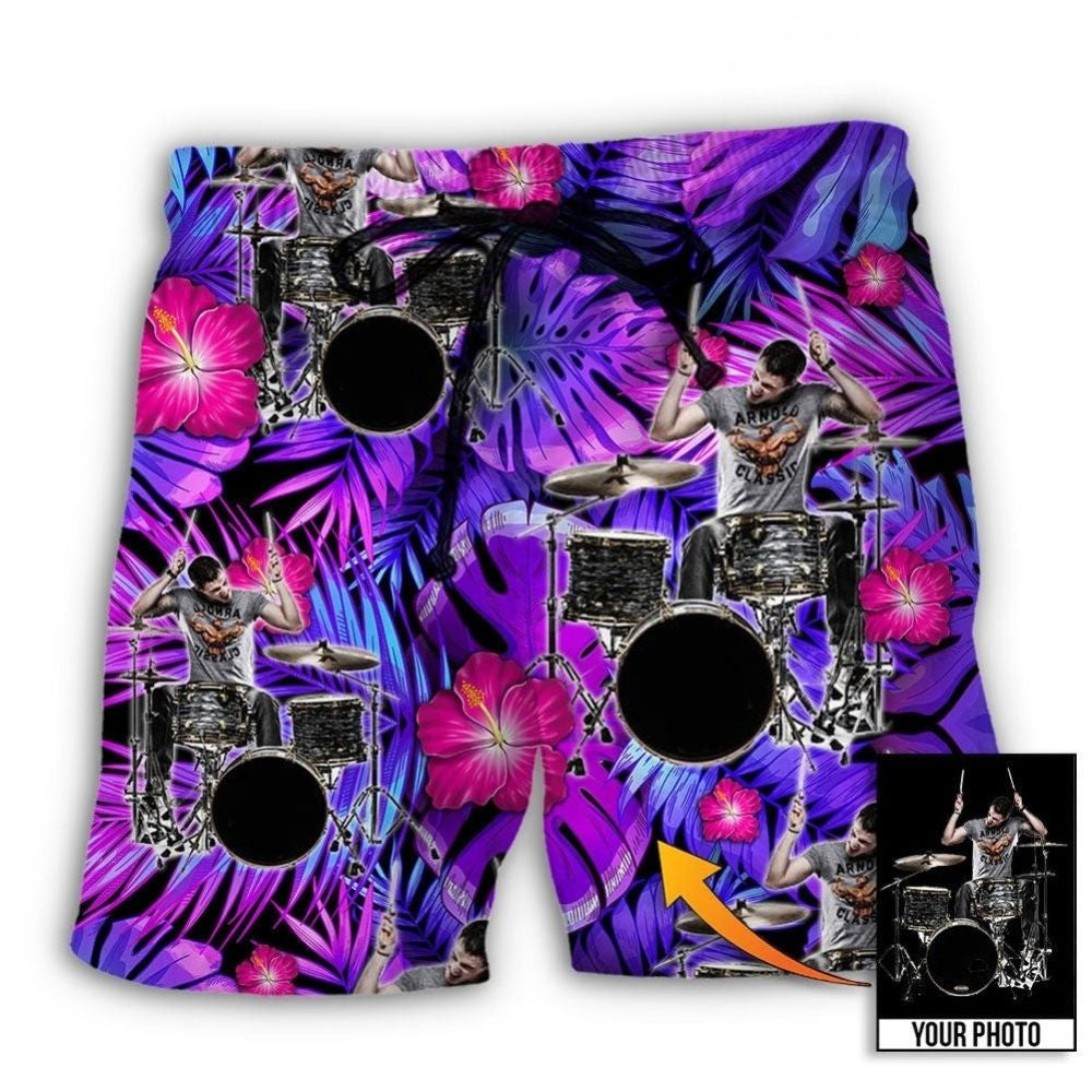 Drum Purple Tropical Leaf Personalized Photo Beach Shorts Artwork Detail For Comfortable Everyday Summer Wear
