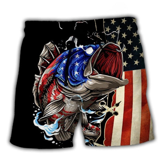 Fishing Independence Day Celebration Beach Shorts Artwork View For Seaside Trips And Casual Style