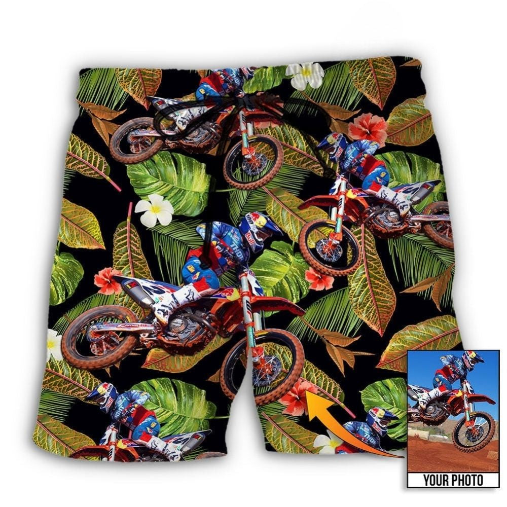 Motocross Tropical Cool Style Personalized Photo Beach Shorts Artwork View For Seaside Trips And Casual Style