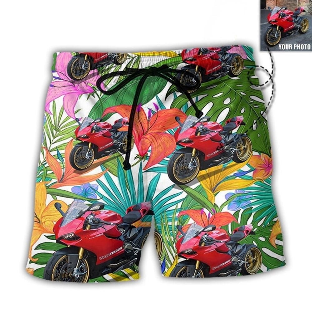 Motorcycle Sweet Cool Style Personalized Photo Beach Shorts Pattern Detail For Sunny Outdoor Activities