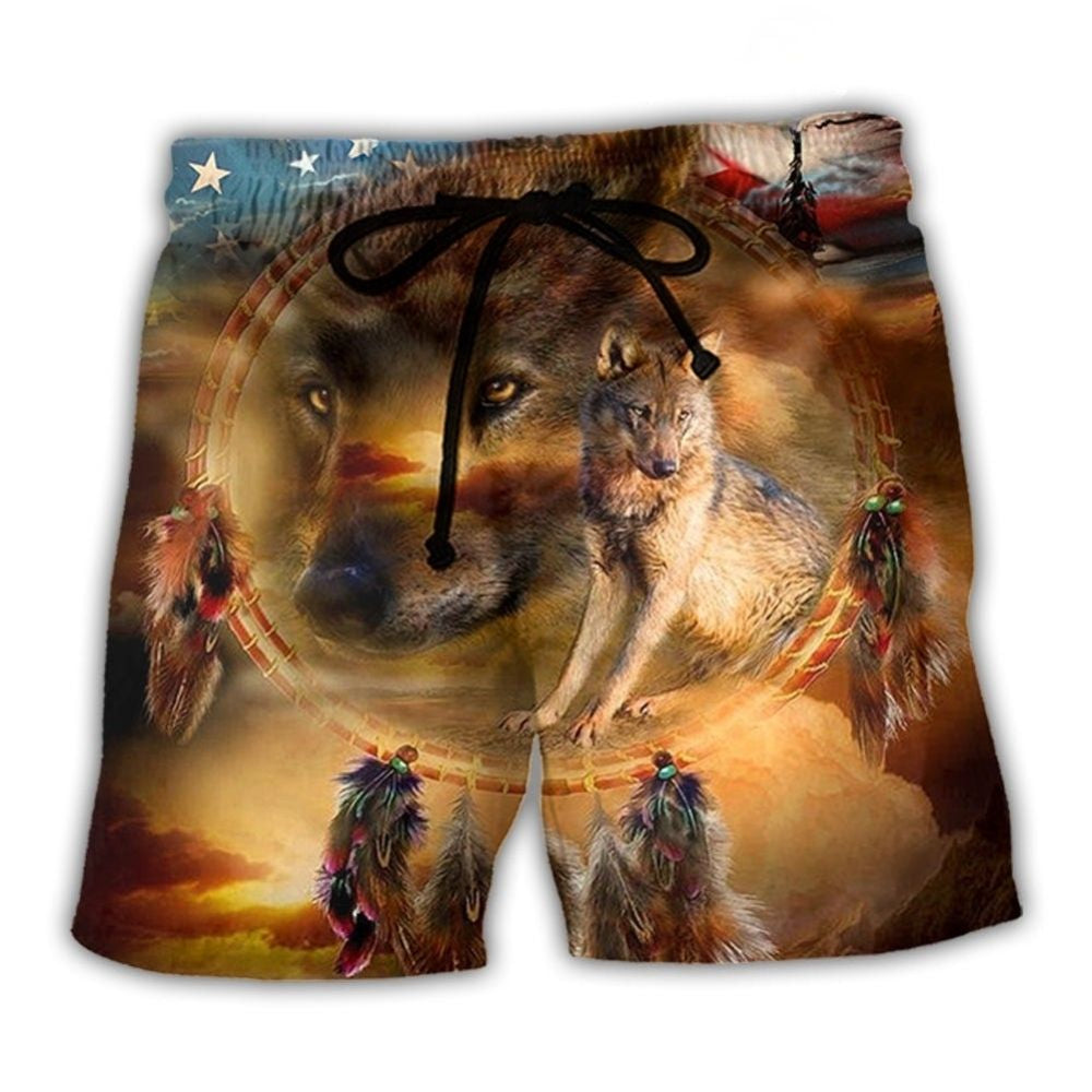 Wolf Dreamcatcher USA Flag Independence Day Beach Shorts For Warm Weather Travel And Everyday Comfort