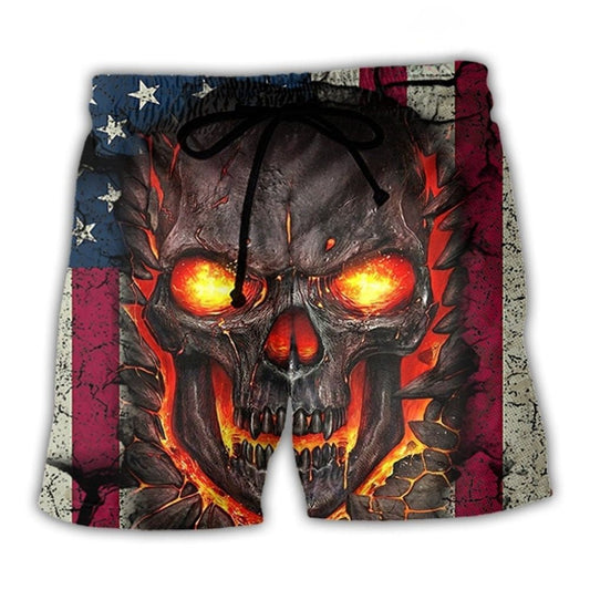 Skull Burning Angry USA Flag Vintage Beach Shorts Design Detail For Weekend Getaways And Beach Days