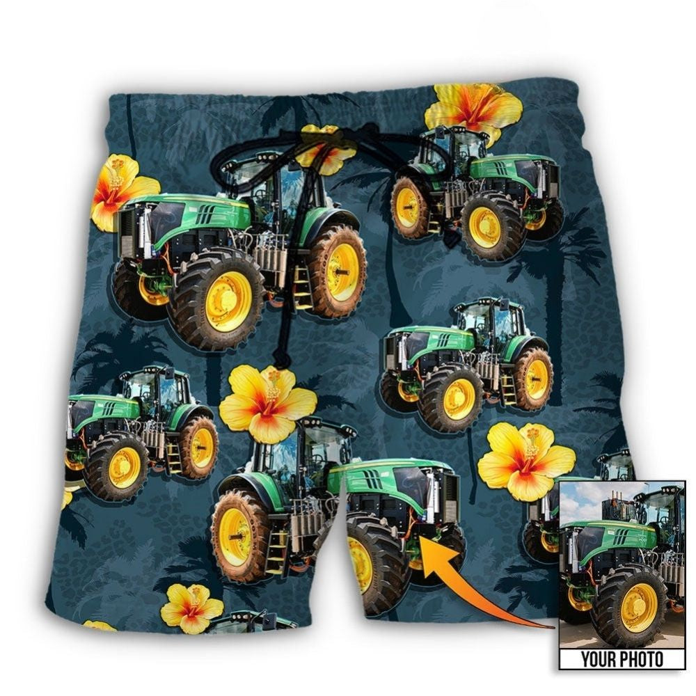 Tractor Lover Tropical Personalized Photo Beach Shorts Pattern View For Resort Days And Outdoor Activities