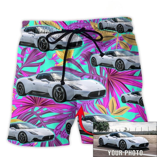 Car Tropical Various Style Personalized Photo Beach Shorts Artwork Detail For Comfortable Everyday Summer Wear