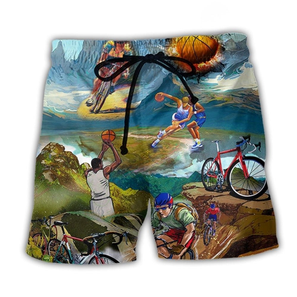 Cycling And Basketball Mountain Painting Lover Beach Shorts Design View For Comfortable Resort And Beach Styling