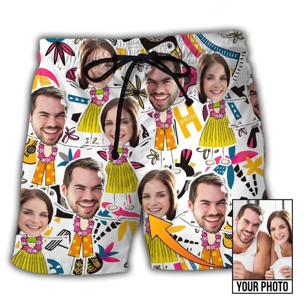 Face Aloha Couple Personalized Photo Beach Shorts Pattern Detail For Sunny Outdoor Activities