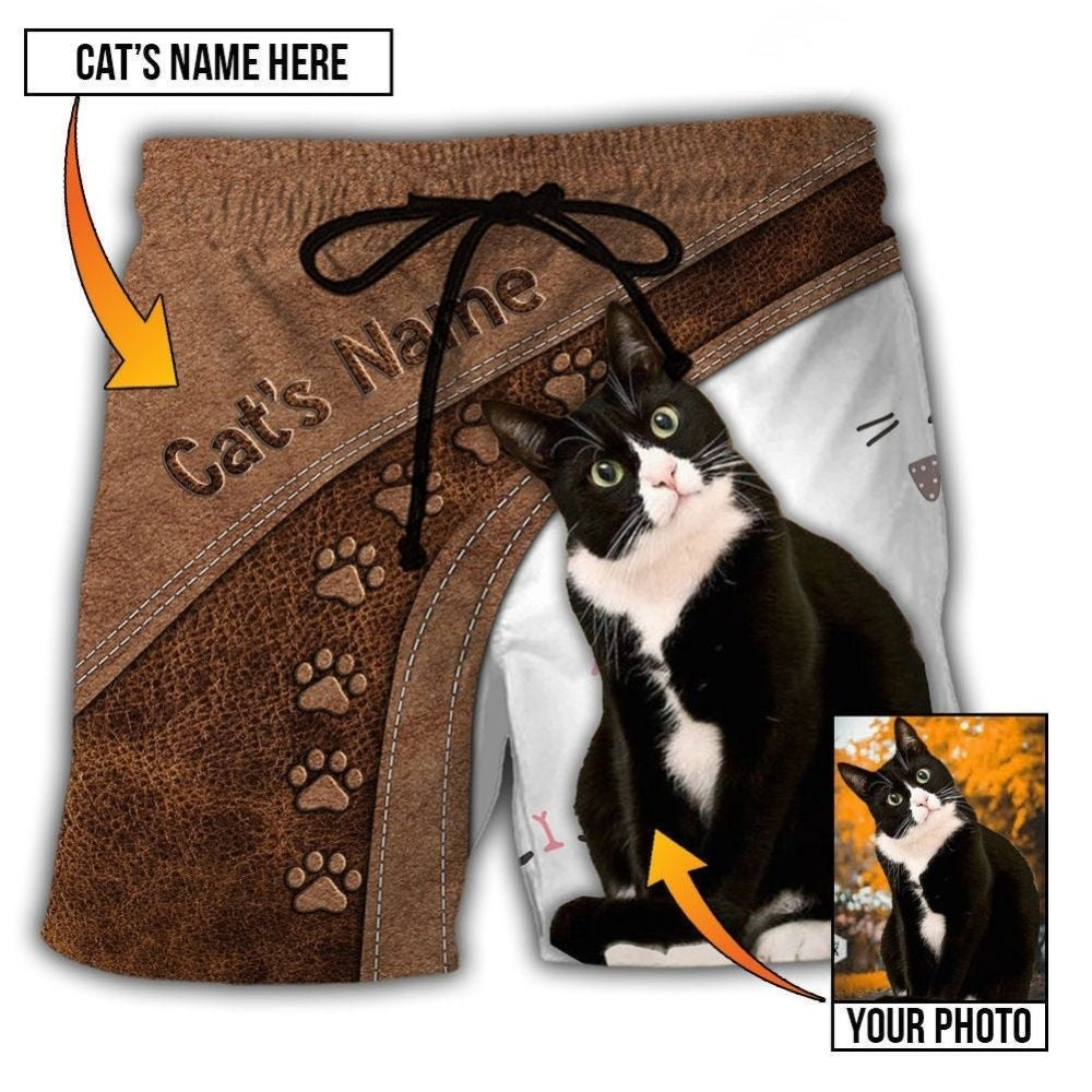 Black Cat Best Friend Personalized Photo Beach Shorts Pattern View For Resort Days And Outdoor Activities