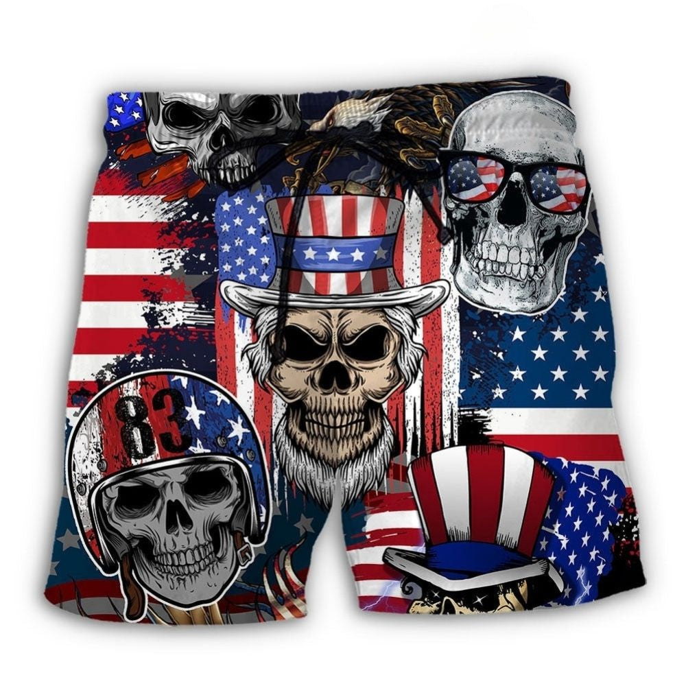 Skull USA Flag Independence Day Beach Shorts Artwork Detail For Tropical Travel And Everyday Wear