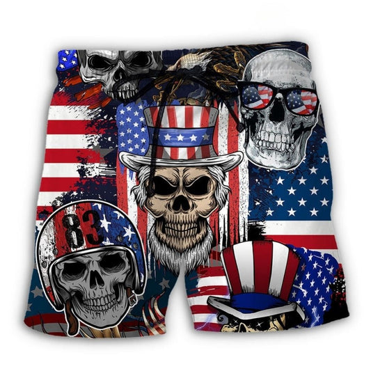 Skull USA Flag Independence Day Beach Shorts Artwork Detail For Tropical Travel And Everyday Wear
