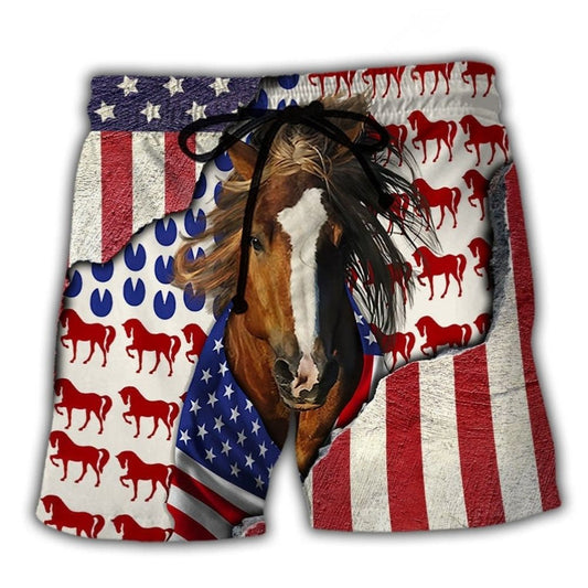 Patriotic Horse USA Flag Tribute Beach Shorts Design View For Summer Events And Coastal Getaways