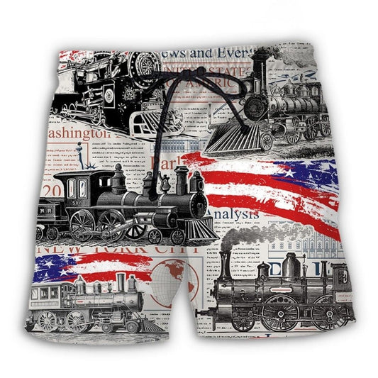 Retro Train USA Flag Independence Day Beach Shorts Print View For Coastal Escapes And Casual Outings