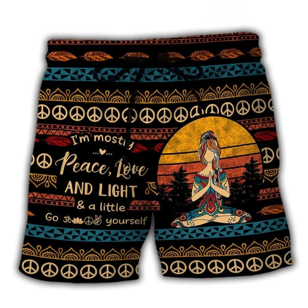 Peace Love Light Empowered Yoga Beach Shorts Design View For Poolside Relaxation And Holiday Trips