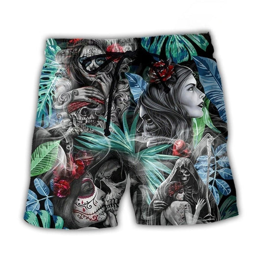 Skull Tropical White Smoke Red Flower Beach Shorts Pattern Detail For Sunny Outdoor Activities