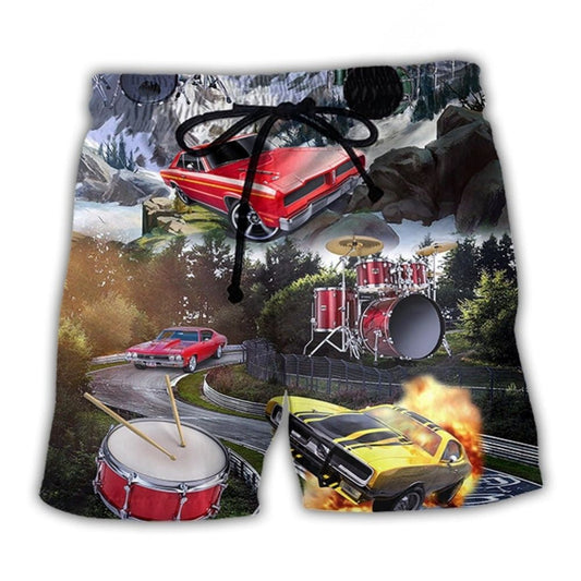 Muscle Car Drum Racing Music Lover Beach Shorts Artwork Detail For Comfortable Everyday Summer Wear