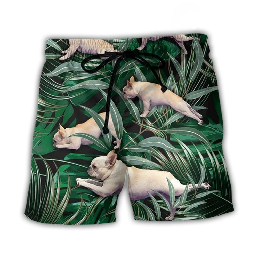 Bulldog Yoga Pose Tropical Beach Shorts Pattern View For Resort Days And Outdoor Activities