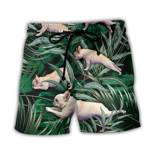 Bulldog Yoga Pose Tropical Beach Shorts Pattern View For Resort Days And Outdoor Activities
