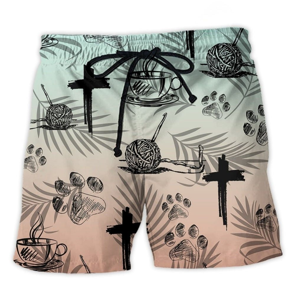 Coffee Jesus Dog Knitting Lover Beach Shorts Pattern View For Vacation Travel And Outdoor Fun