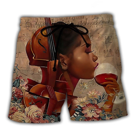 Music Distracted By Music And Wine Beach Shorts Artwork Detail For Tropical Travel And Everyday Wear