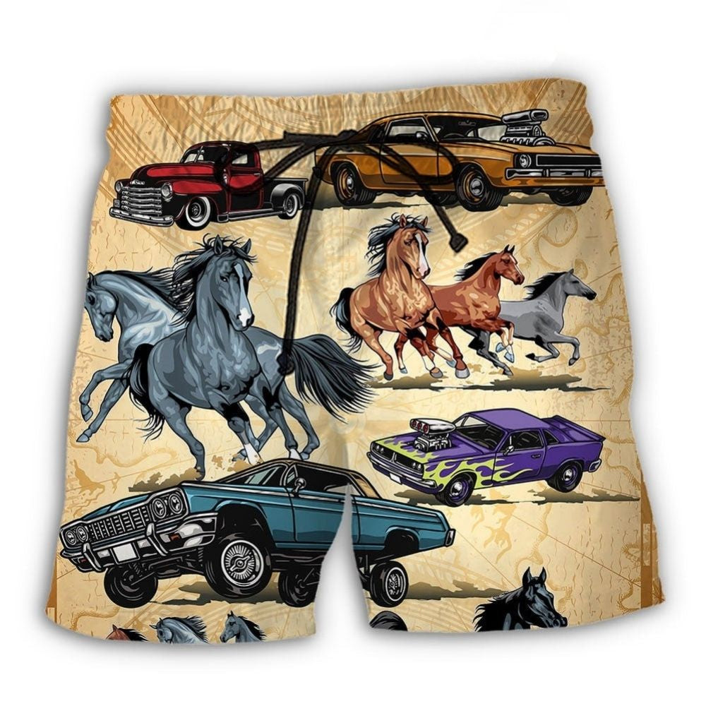 Horse Muscle Car Lover Beach Shorts Design Detail For Casual Warm Weather Outfits