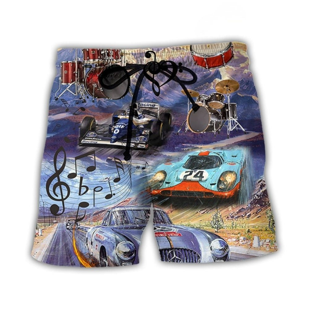 Racing Drum Music Car Lover Beach Shorts Artwork Detail For Tropical Travel And Everyday Wear