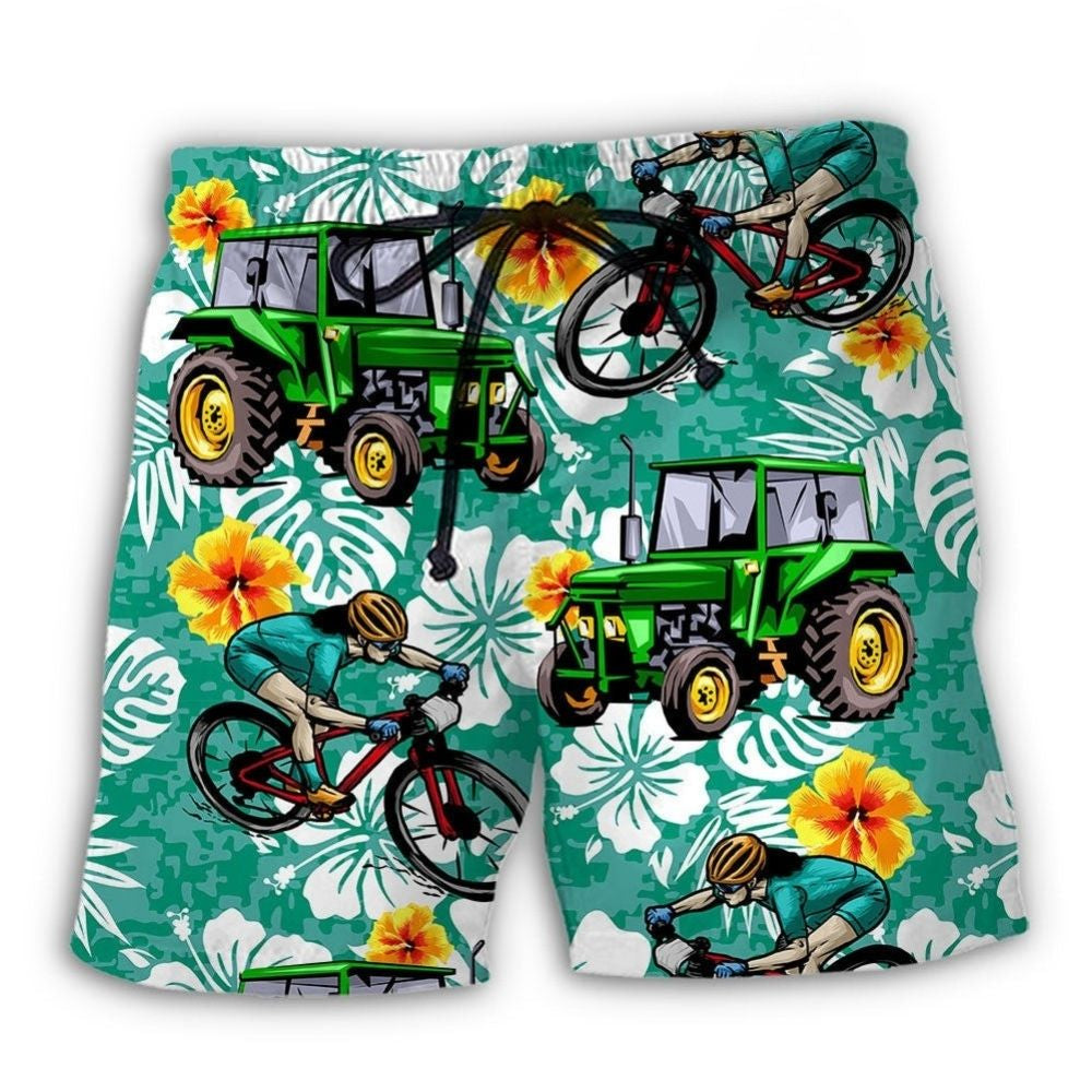 Tractor And Mountain Biking Lover Beach Shorts Graphic Detail For Resort Trips And Casual Outings