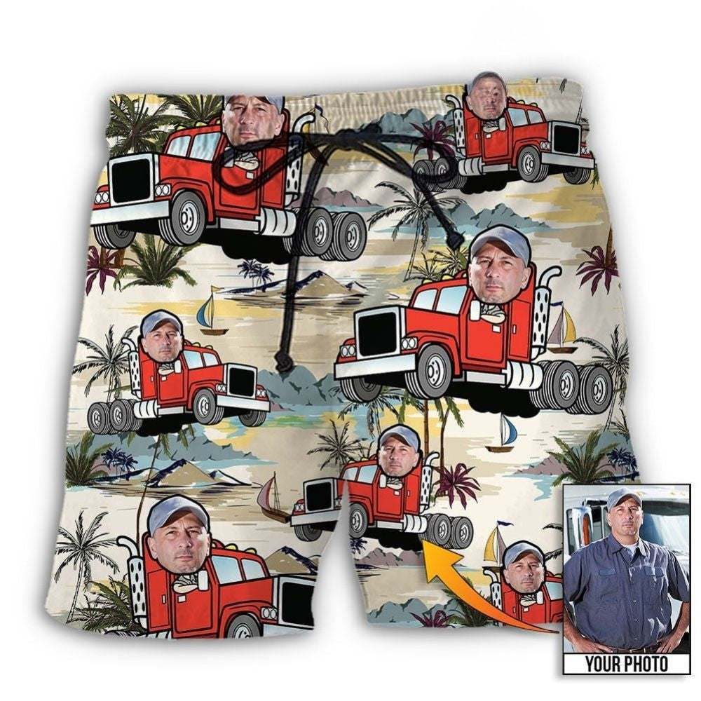Truck Driver Tropical Beach Personalized Photo Beach Shorts Pattern View For Resort Days And Outdoor Activities
