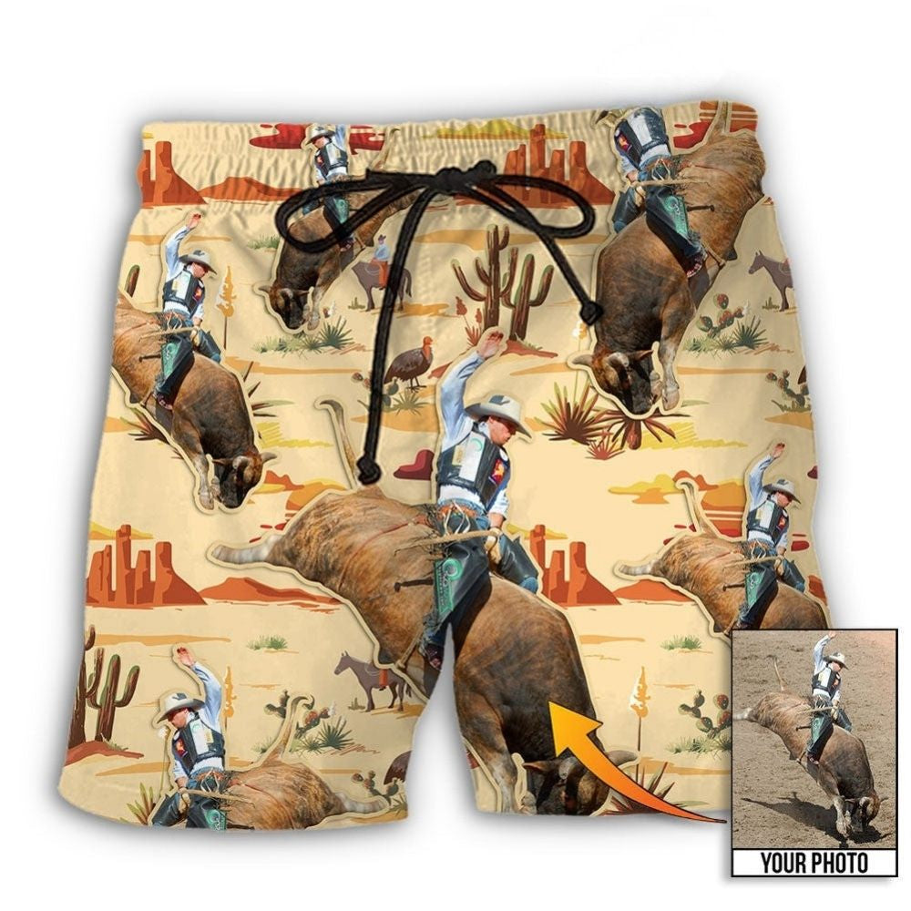 Cowboy Bull Riding Desert Personalized Photo Beach Shorts For Coastal Adventures And Relaxed Summer Wear