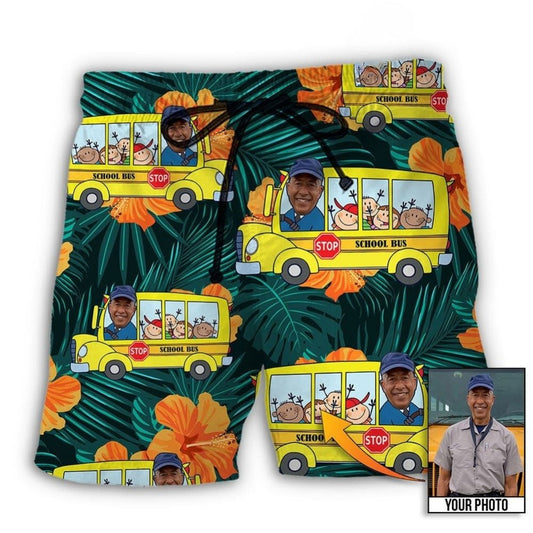 School Bus Driver Tropical Style Personalized Photo Beach Shorts Design Detail For Casual Warm Weather Outfits