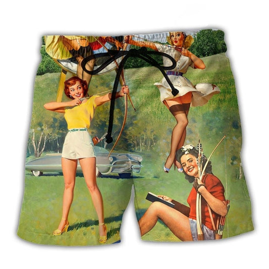 Archery Tournaments Pinup Girls Cool Beach Shorts Pattern View For Resort Days And Outdoor Activities