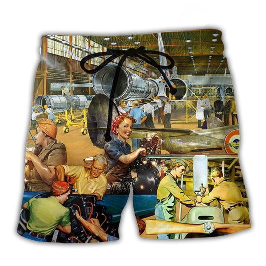 Aircraft Mechanic Beach Shorts Pattern Detail For Sunny Outdoor Activities