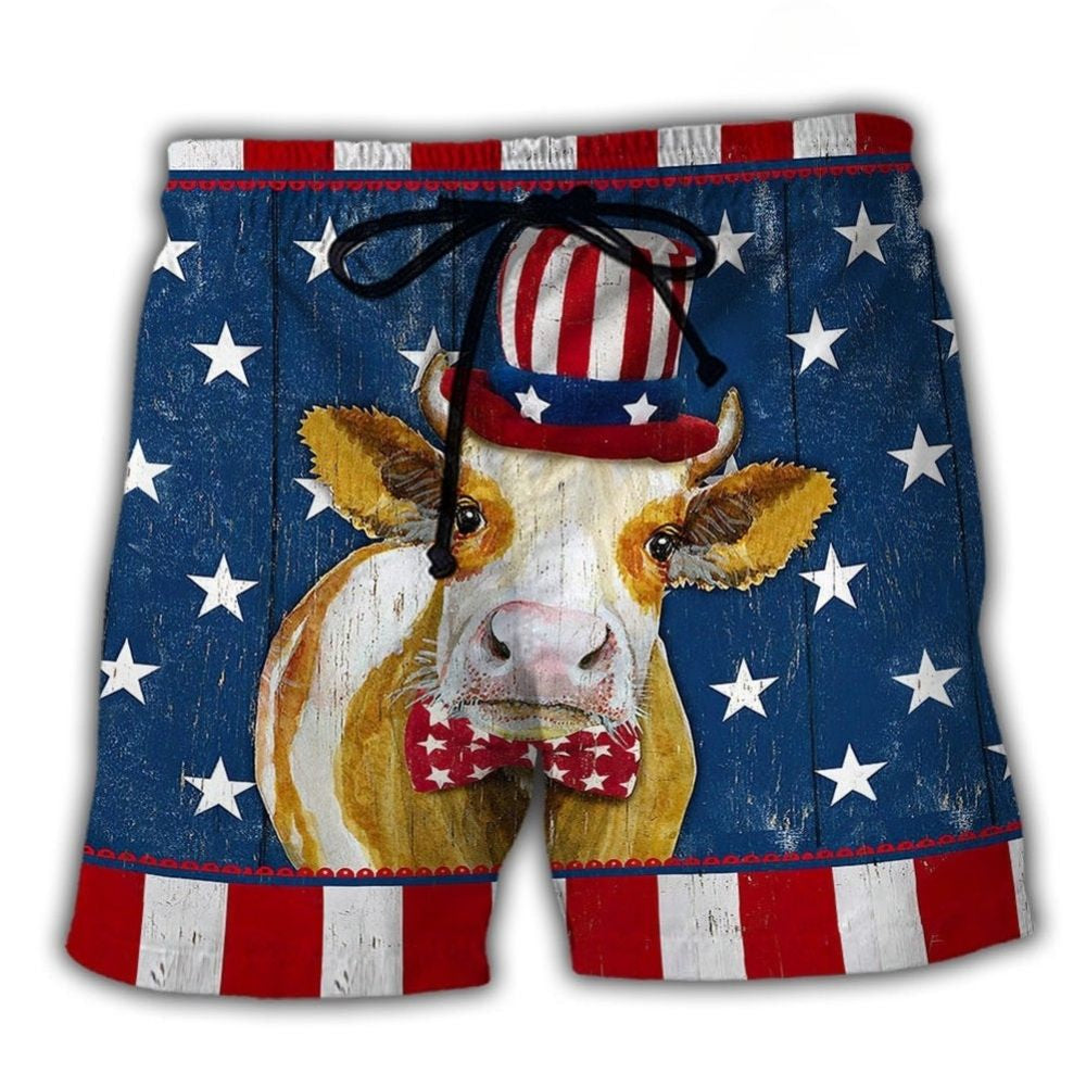 Cow Independence Day Funny Beach Shorts Artwork Detail For Comfortable Everyday Summer Wear