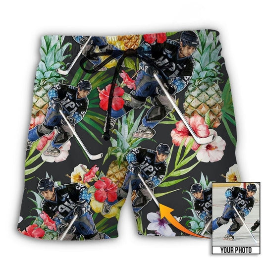 Hockey Tropical Flower Fruit Personalized Photo Beach Shorts Design Detail For Casual Warm Weather Outfits