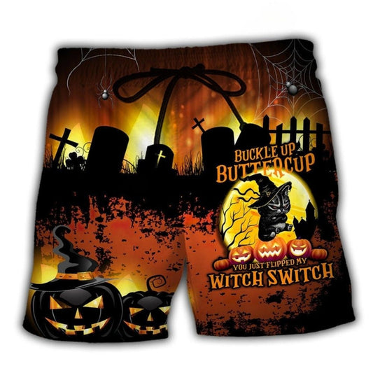 Halloween Cat Buckle Up Buttercup Beach Shorts Pattern View For Resort Days And Outdoor Activities