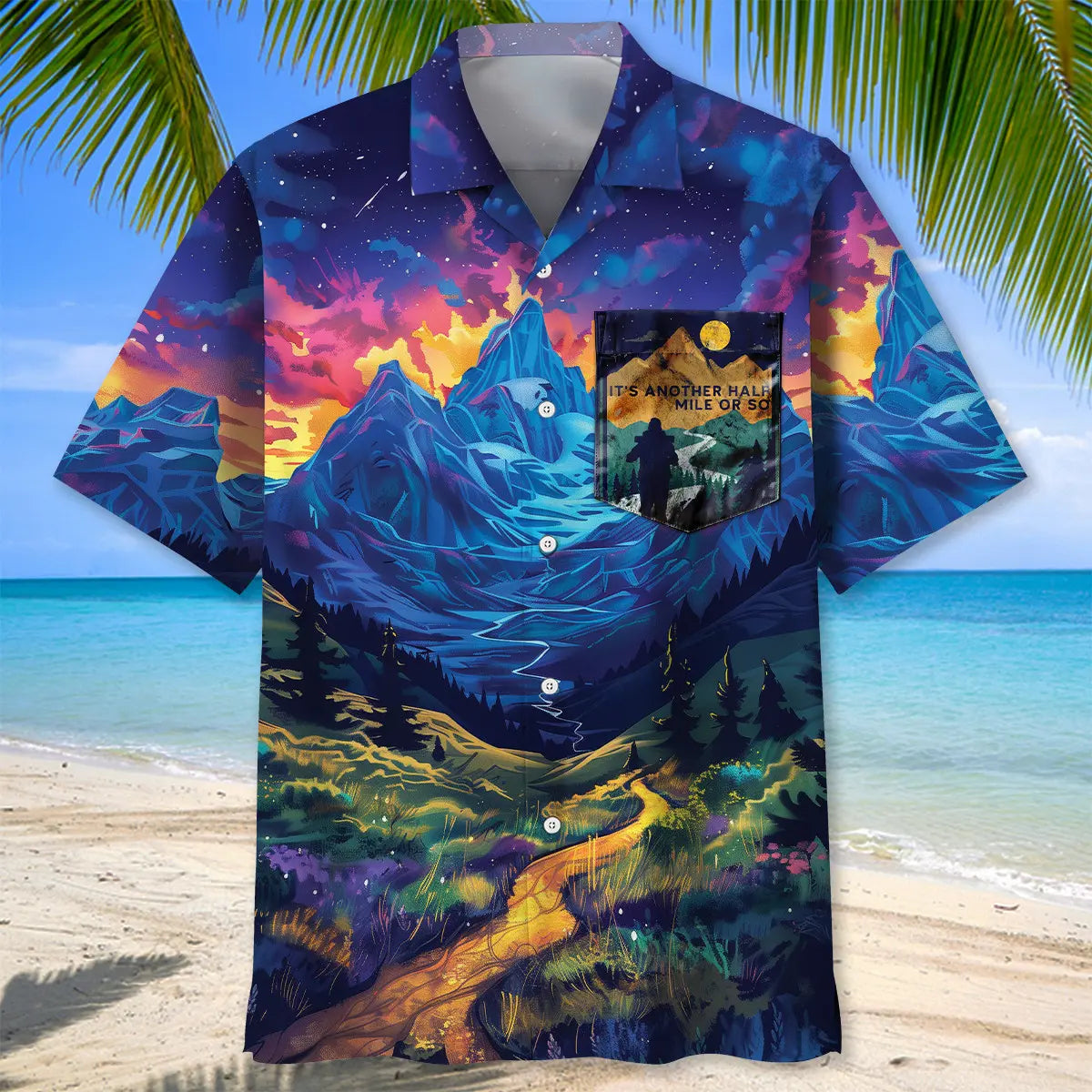 Hiking Trail Humor Pocket Hawaiian Shirt For Beachside Event, Coastal Festival, And Island Inspired Style