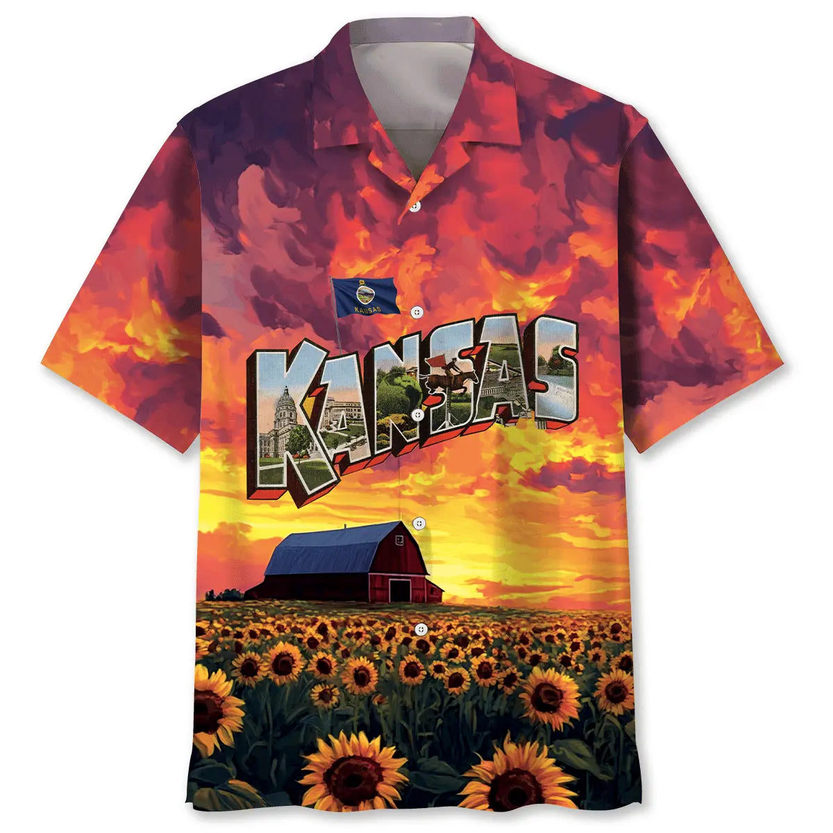 Vintage Kansas Sunflower Hawaiian Shirt For Summer Vacation, Beach Travel, And Casual Wear