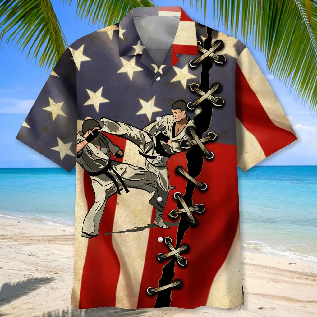 American Karate Flag Hawaiian Shirt For Summer Vacation, Beach Travel, And Casual Wear