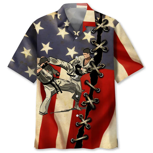 American Karate Flag Hawaiian Shirt For Summer Vacation, Beach Travel, And Casual Wear