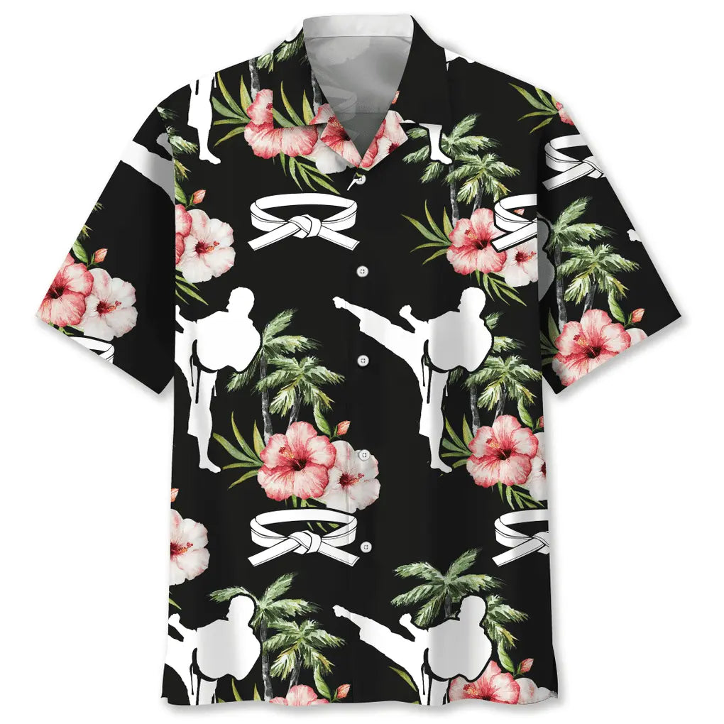 Floral Karate Nature Hawaiian Shirt For Resort Trips, Coastal Parties, And Warm Weather Style