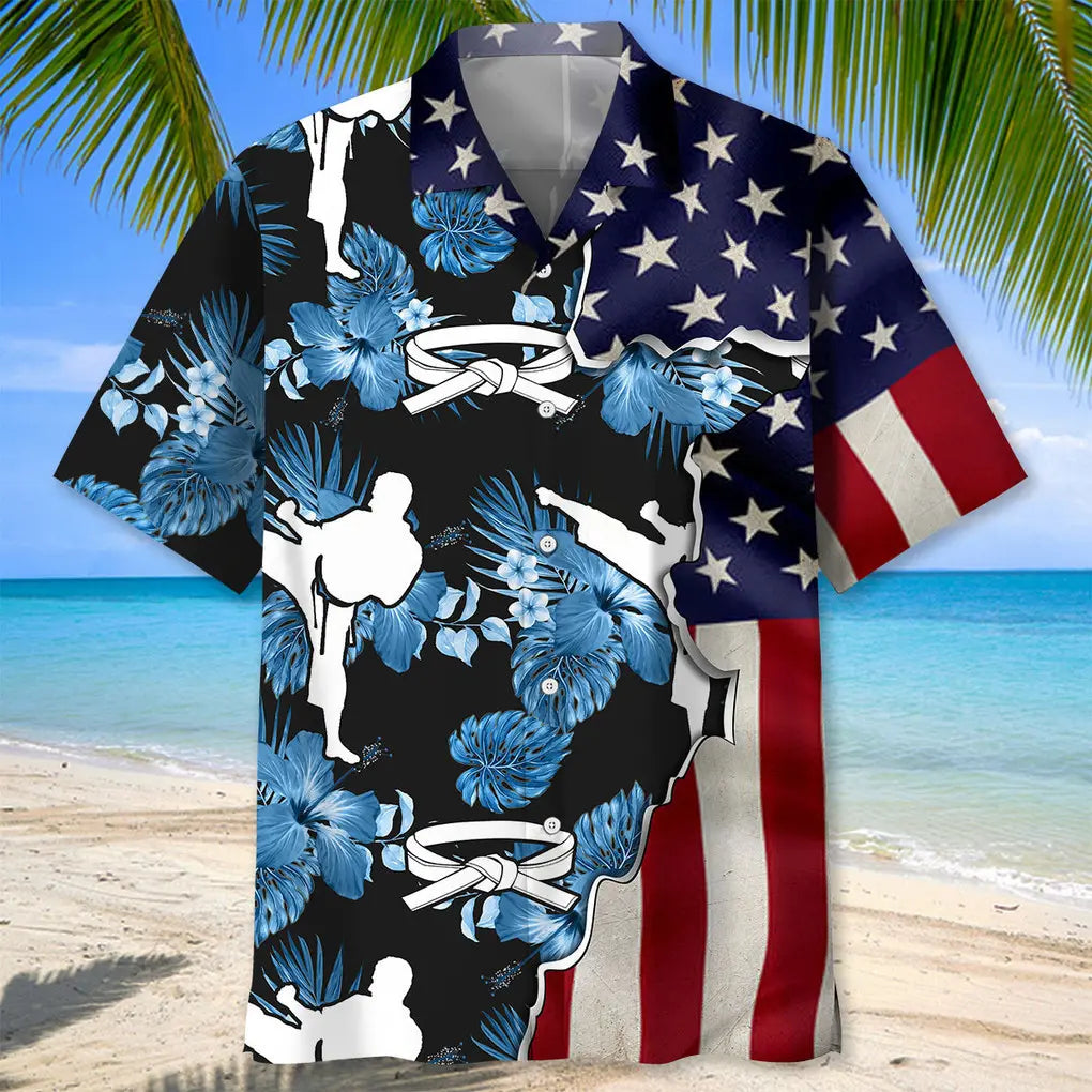 Tropical Karate Flag Hawaiian Shirt For Summer Vacation, Beach Travel, And Casual Wear