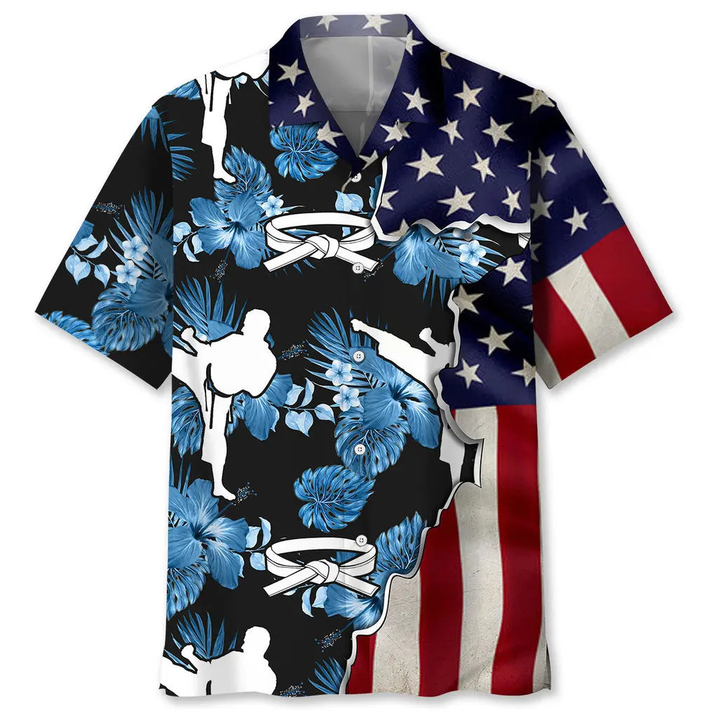 Tropical Karate Flag Hawaiian Shirt For Summer Vacation, Beach Travel, And Casual Wear