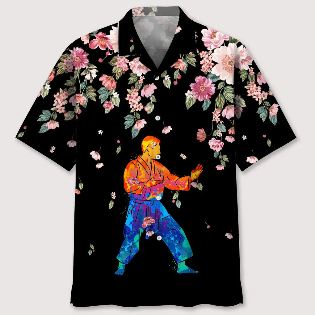 Floral Karate Watercolors Hawaiian Shirt For Island Vacations, Resort Wear, And Relaxed Seasonal Style