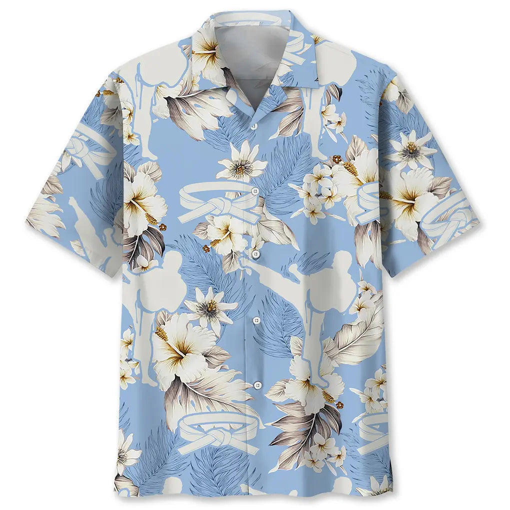 Floral Karate White Hawaiian Shirt For Coastal Travel, Casual Events, And Comfortable Summer Wear