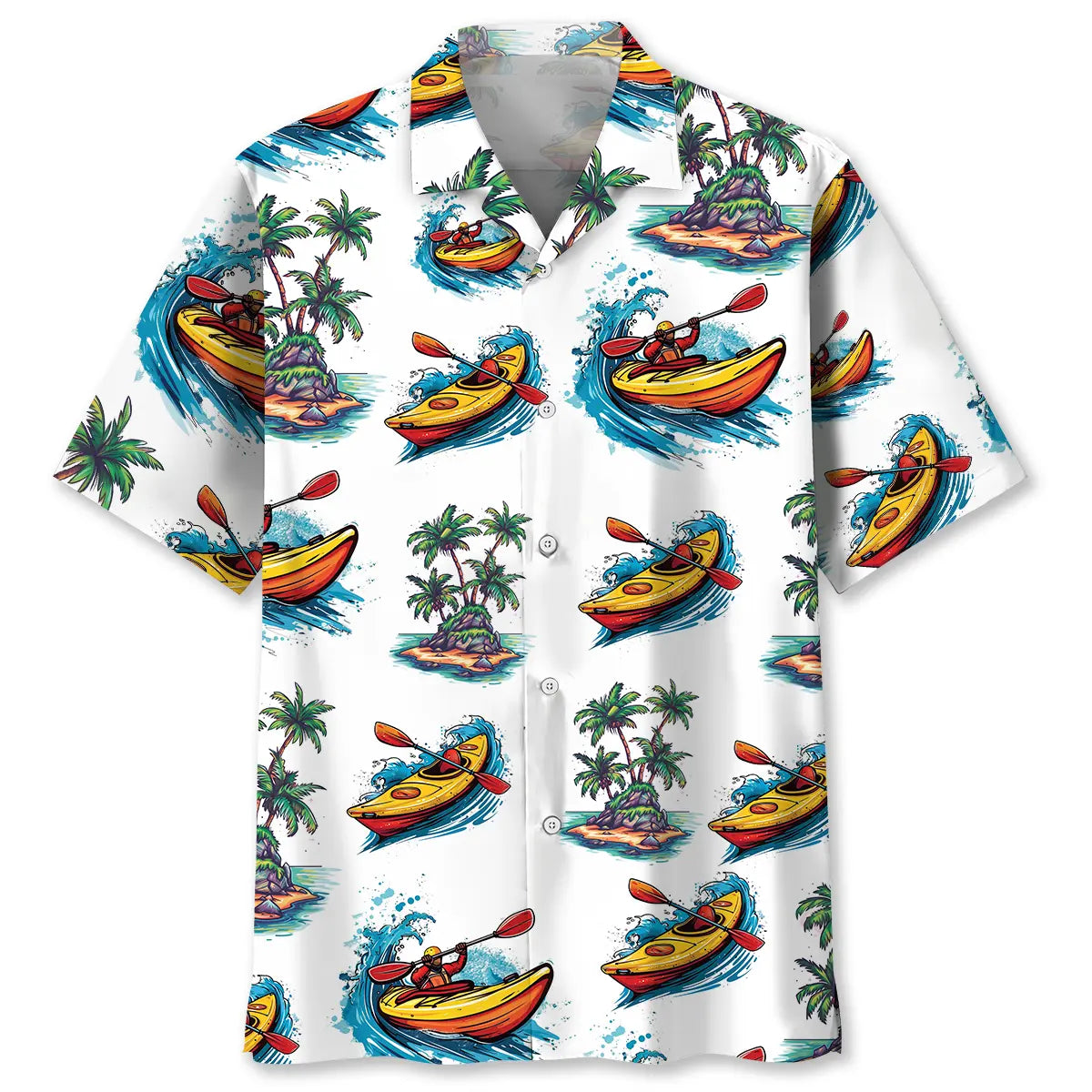 Tropical Kayaking Palm Tree Hawaiian Shirt For Island Vacations, Resort Wear, And Relaxed Seasonal Style